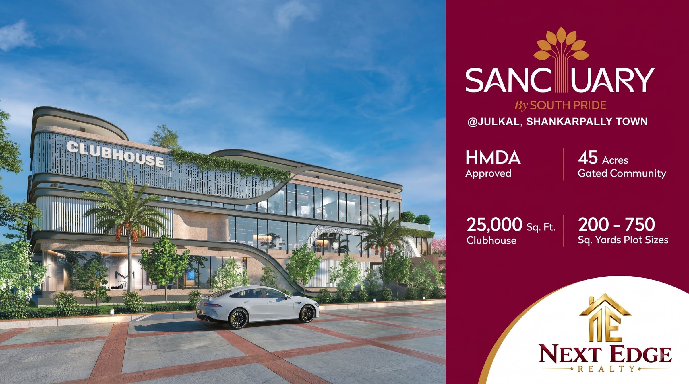 The 20,000 sq ft luxury clubhouse with swimming pool and landscaped surroundings at Sanctuary