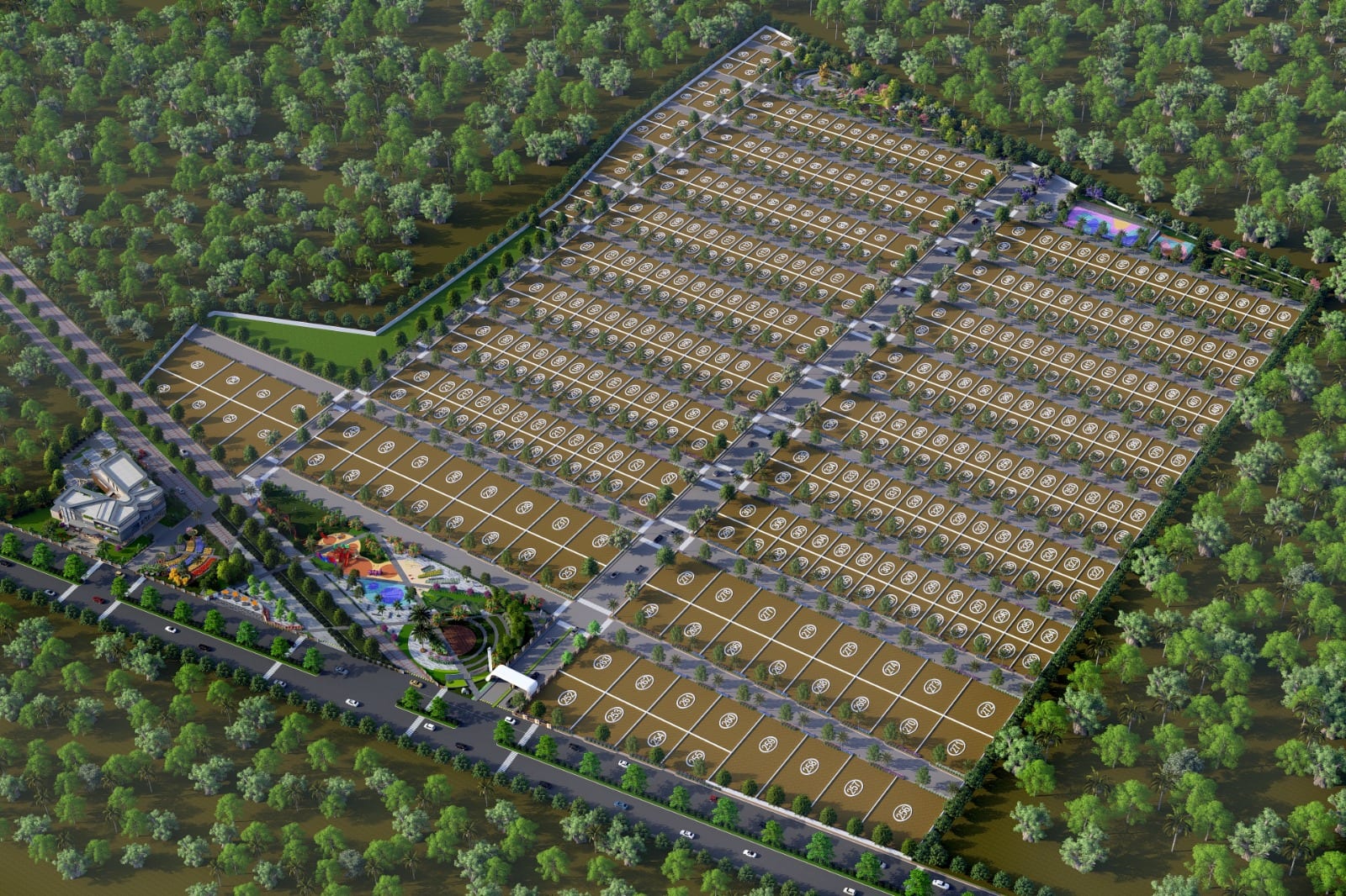 Three-dimensional render of the Sanctuary layout showing roads, plots and open space
